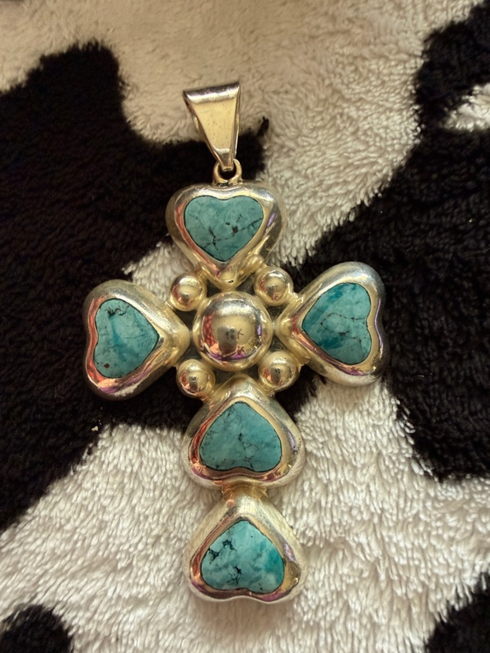 Sterling Cross Pendant with Turquoise Heart Inlays. Approx 3 1/4” x 2”